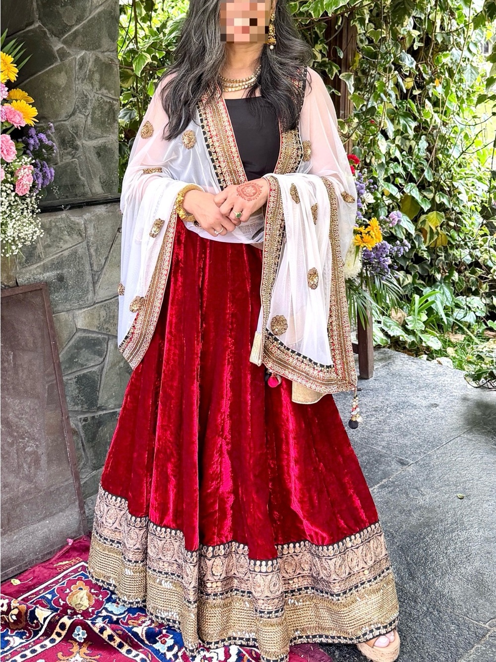 Luxurious designer Red Velvet A-Line Lehenga with White Embroidered Dupatta